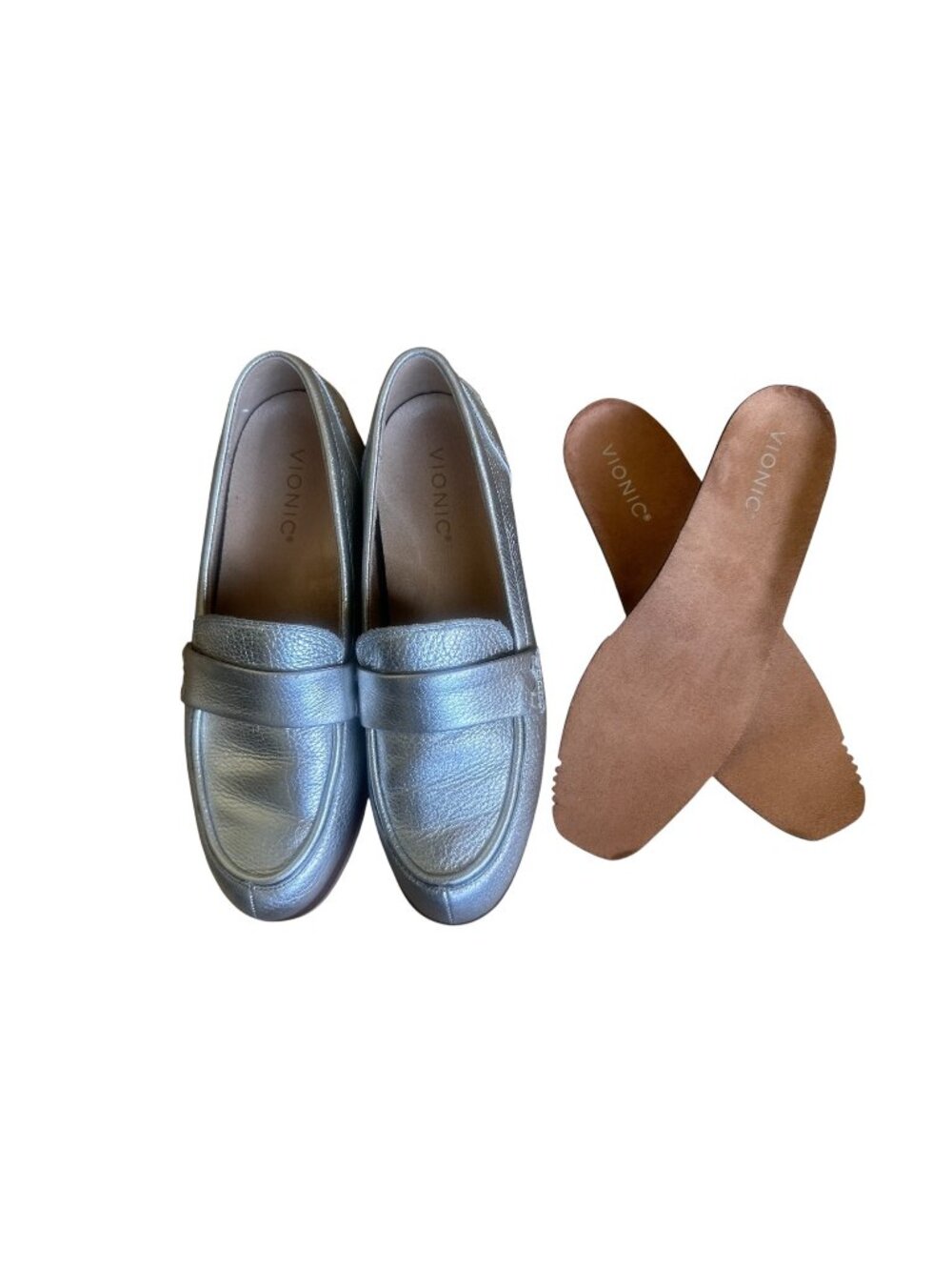 Vionic Cleo Loafers 8.5 Silver Metallic Orthotic Arch Support Leather Classic